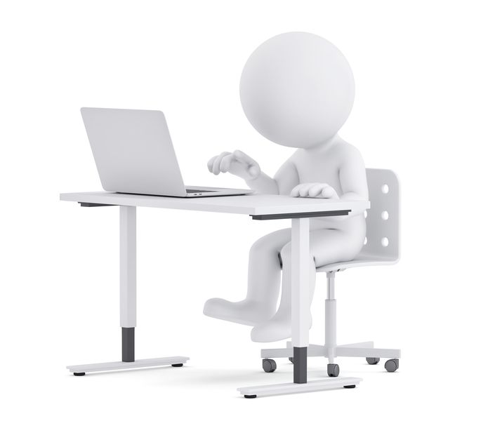 Man behind a desk working on a laptop. 3D illustration. Isolated. Contains clipping path