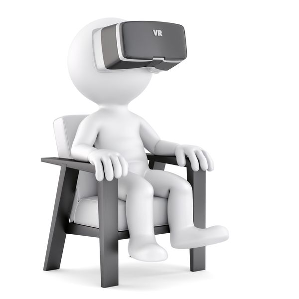 Man sitting on chair while using VR glasses. 3D illustration. Isolated. Contains clipping path